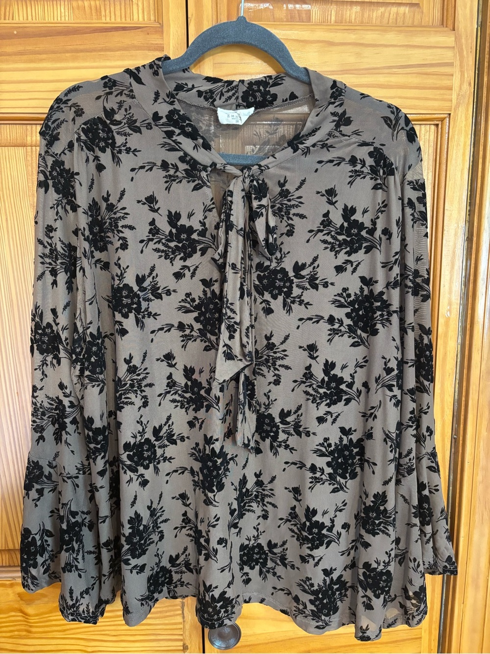 Tie-Neck Floral Blouse in Taupe and Black